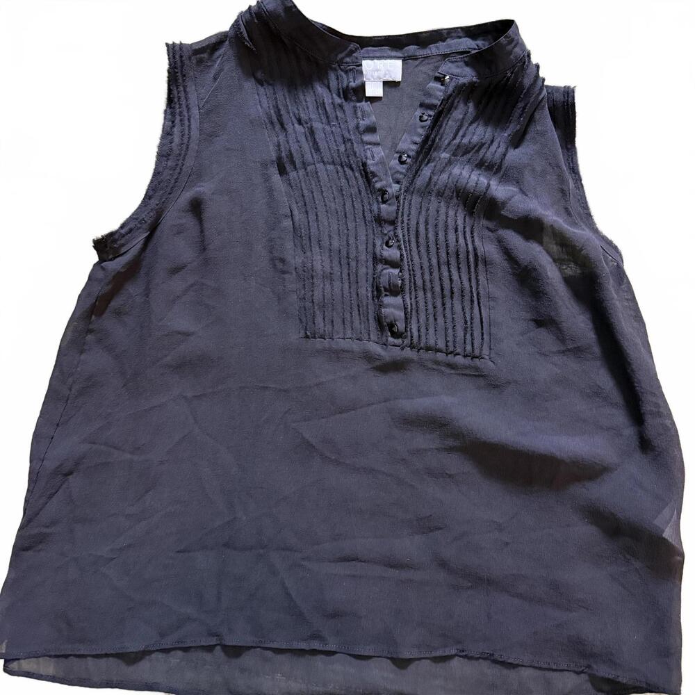 PURE COLLECTION 100% Silk Sleeveless Black Sheer Blouse SZ 12 button 1/2 front